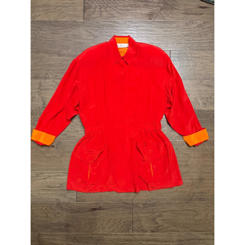Vintage Lillie Rubin Tunic Top Womens L Red 100% Silk Solid Elastic Waist Pocket